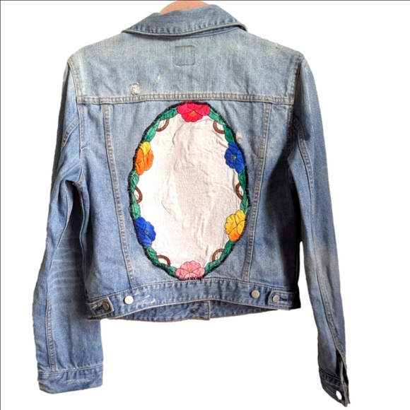 Handmade Jackets & Blazers - VINTAGE DIY Handmade Embroidered Floral Back Light Wash Jean Jacket Size Medium